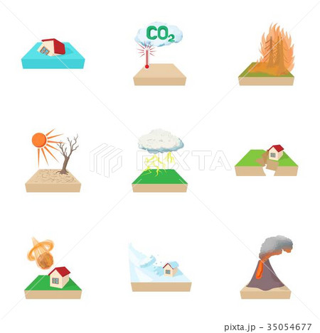 Natural disasters icons set, cartoon style Natural disasters icons set, cartoon style 35054677
