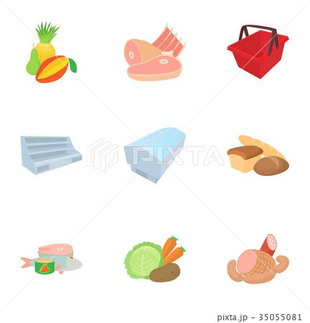Products in store icons set, cartoon style Products in store icons set, cartoon style 35055081