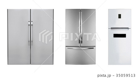 three stainless steel refrigerators isolated 35059513