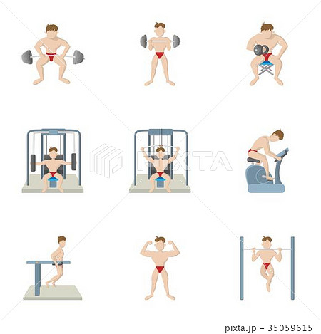 Training in gym icons set, cartoon style 35059615