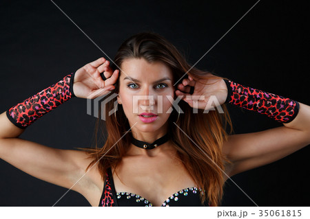 Photo of sexy model in red underwear,gloves Photo of sexy model in red underwear,gloves 35061815