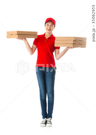 confident woman delivery shipping many pizza 35062955