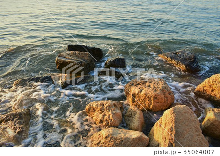 Sea rocks on the coast, early morning, Cyprus. Sea rocks on the coast, early morning, Cyprus. 35064007