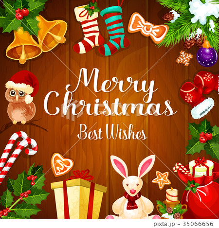 Christmas card with Xmas gift on wooden background 35066656
