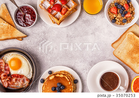 Delicious breakfast on a light table. 35070253