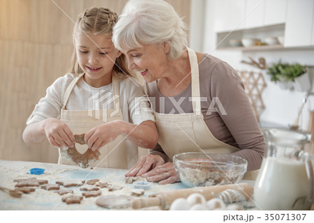 Cheerful grandchild making cookies with granny Cheerful grandchild making cookies with granny 35071307