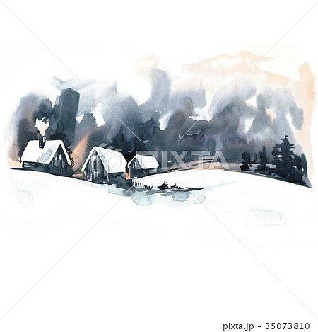 Watercolor Winter Landscape. Vintage Christmas 35073810