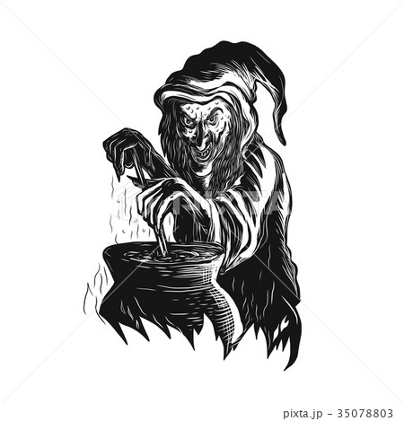 Witch Stirring Brew Pot Scratchboard 35078803