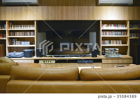 Sofa in front of TV shelf cabinet, mock up design 35084389