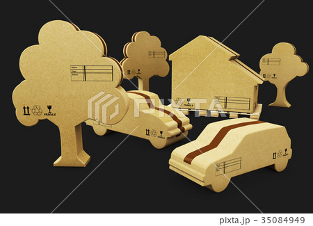 A house, car and tree in brown cardboard A house, car and tree in brown cardboard 35084949