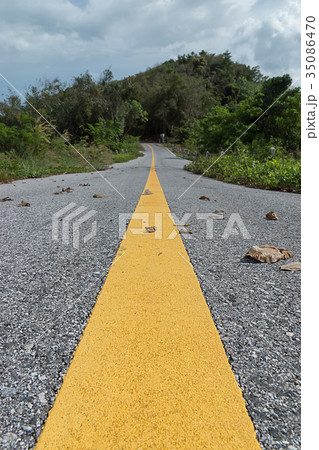 yellow traffic lines with dry leaf on the ground. yellow traffic lines with dry leaf on the ground. 35086470