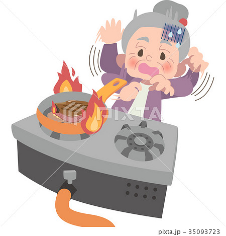 火事に気付いてパニックになるおばあさん 35093723