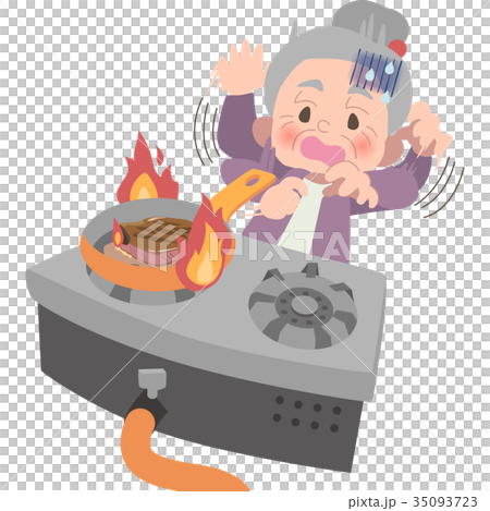 火事に気付いてパニックになるおばあさん 35093723