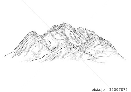 Mountains sketch sign. Engraving landscape sketch.のイラスト素材