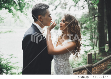 Romantic, fairytale, happy newlywed couple hugging 35099127