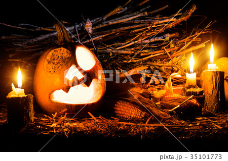 Photo for the holiday Halloween. Evil pumpkin lamp 35101773