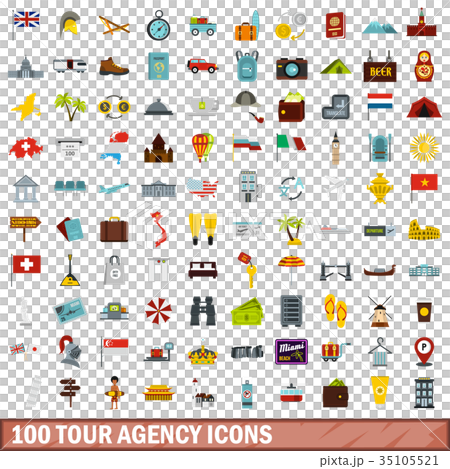 100 tour agency icons set, flat style 100 tour agency icons set, flat style 35105521