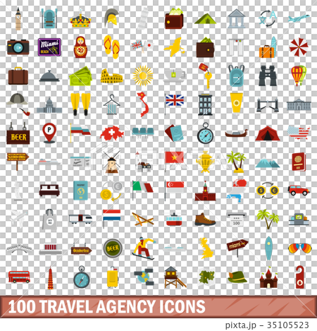 100 travel agency icons set, flat style 100 travel agency icons set, flat style 35105523