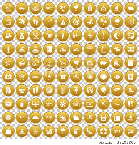 100 seaside resort icons set gold 100 seaside resort icons set gold 35105809