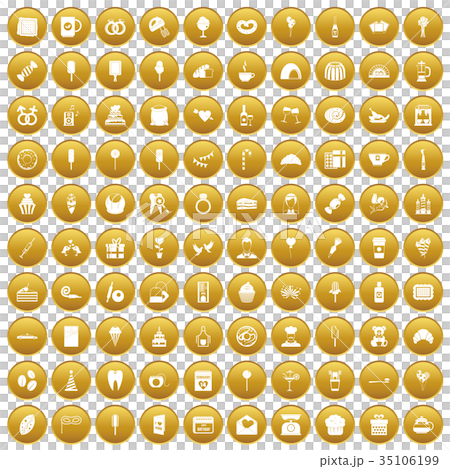 100 sweets icons set gold 35106199