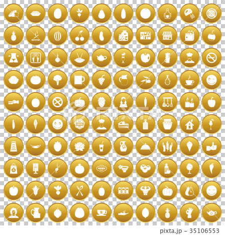 100 vegetarian cafe icons set gold 35106553