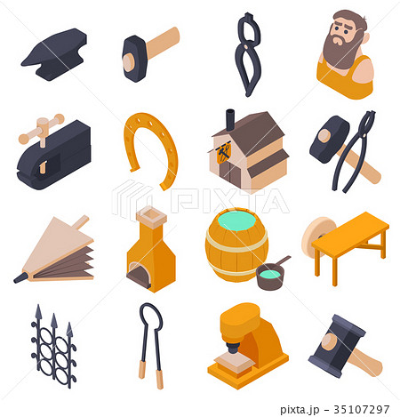Blacksmith tools icons set, isometric style Blacksmith tools icons set, isometric style 35107297
