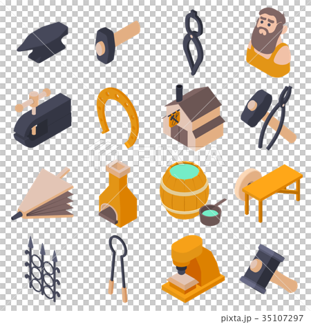 Blacksmith tools icons set, isometric style Blacksmith tools icons set, isometric style 35107297