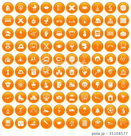 100 kids icons set orange 100 kids icons set orange 35108577
