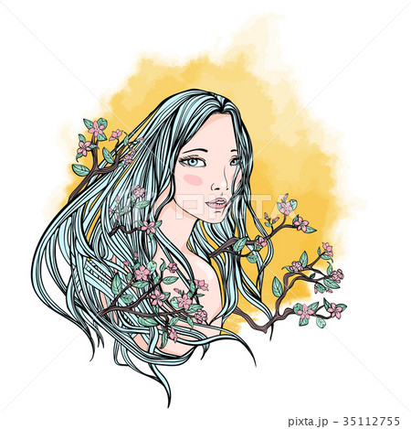 Long-haired woman among the branches and flowers Long-haired woman among the branches and flowers 35112755
