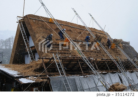 合掌造りの屋根の葺き替え 35114272