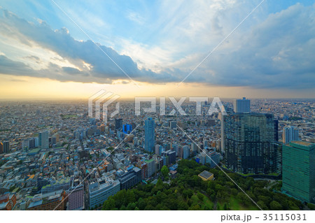 新宿中央公園の周辺の街並みと夕日 新宿中央公園の周辺の街並みと夕日 35115031