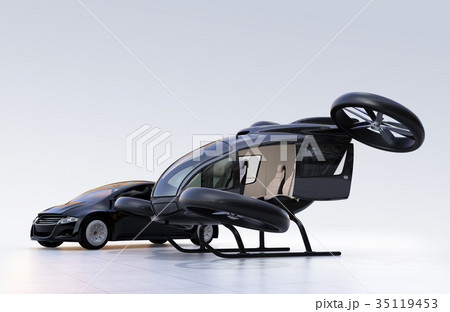 自動運転車とドローンタクシー。車とドローンのシェアリングビジネスで快速移動手段を提供するコンセプト 35119453