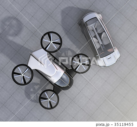 自動運転車とドローンタクシー。車とドローンのシェアリングビジネスで快速移動手段を提供するコンセプト 35119455