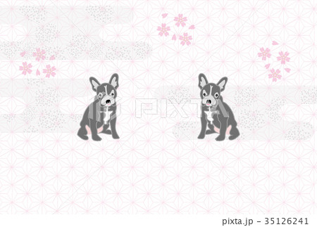 可愛い二匹の犬とピンクの梅の花のイラストのメッセージカードのイラスト素材