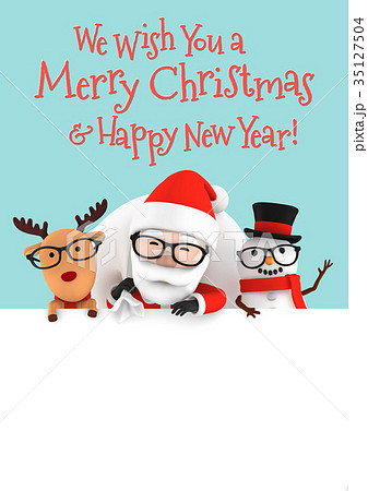 メガネをかけたサンタとトナカイと雪だるま ホワイトスペース 3dイラストのイラスト素材
