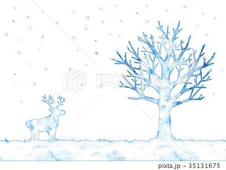 冬の木とトナカイのイラストのイラスト素材