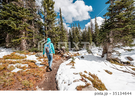 Tourist with backpack hiking on snowy trail Tourist with backpack hiking on snowy trail 35134644