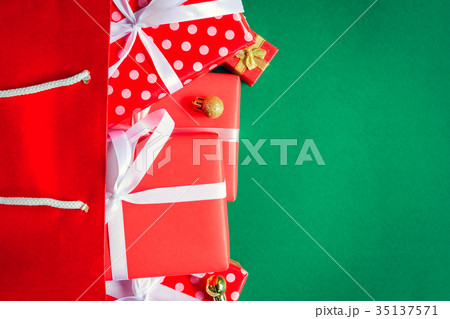 top view gift boxes in bag and shopping mall top view gift boxes in bag and shopping mall 35137571