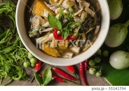 Bamboo shoot soup with pumpkin and mushrooms Bamboo shoot soup with pumpkin and mushrooms 35141704