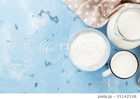 Dairy products on stone table Dairy products on stone table 35142536