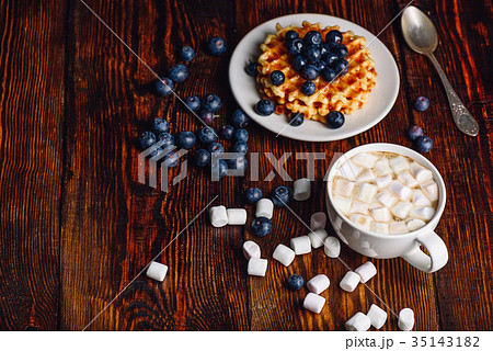 Cup of Cocoa and Waffles with Blueberry. Cup of Cocoa and Waffles with Blueberry. 35143182