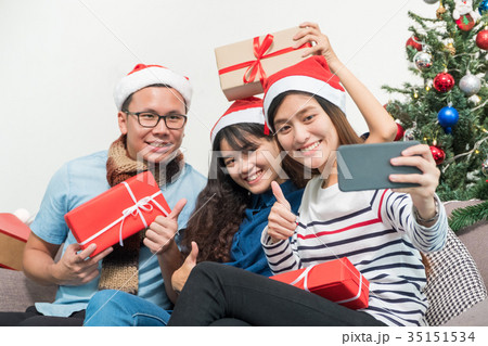 Christmas party with friends, asia woman selfie Christmas party with friends, asia woman selfie 35151534