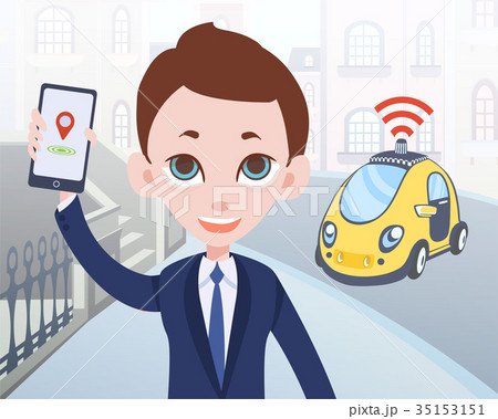 Man ordering driverless taxi using mobile 35153151