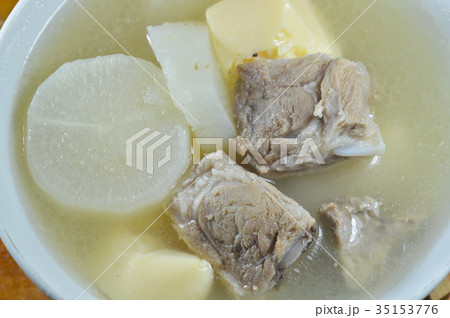 boiled radish with pork bone and egg tofu soup boiled radish with pork bone and egg tofu soup 35153776