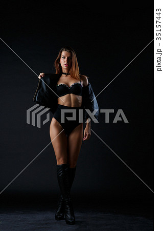 Image of woman in boots, underwear, leather jacket - Stock Photo [35157443]  - PIXTA