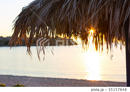 Beach umbrella close up on the beach at sunset 35157648