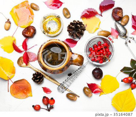 cup hot autumn tea 35164087