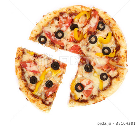 pizza with tomato cheese and olives isolated on 35164381