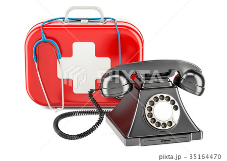 First Aid service concept, phone on medical kit 35164470