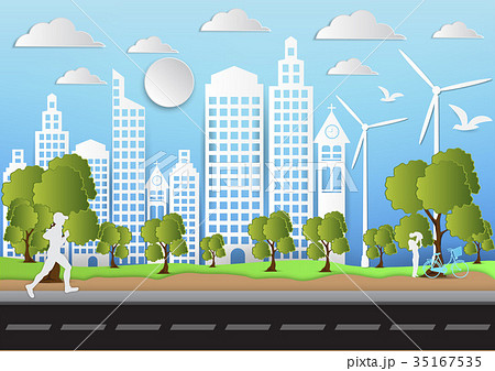 Paper art of city and park on green background 35167535